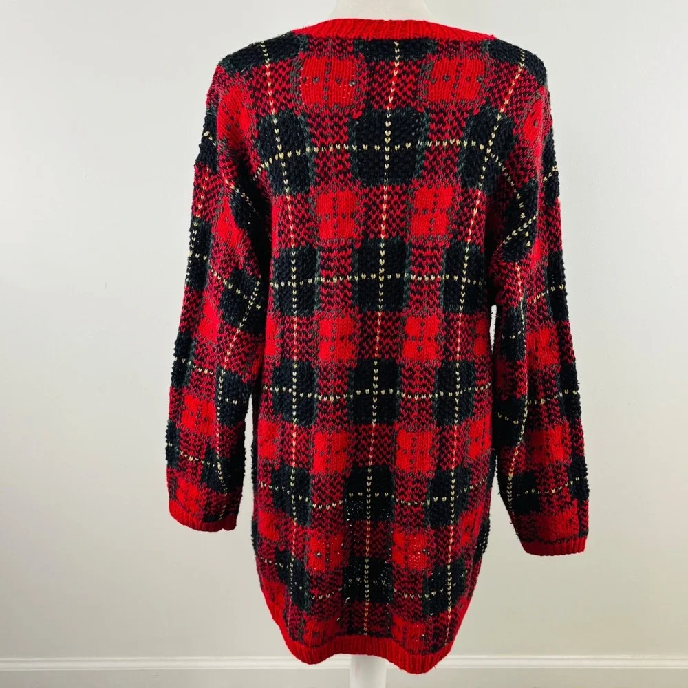 Vtg Handknit Metropolitan Red Plaid Christmas Tree Embellished Sweater Dress L